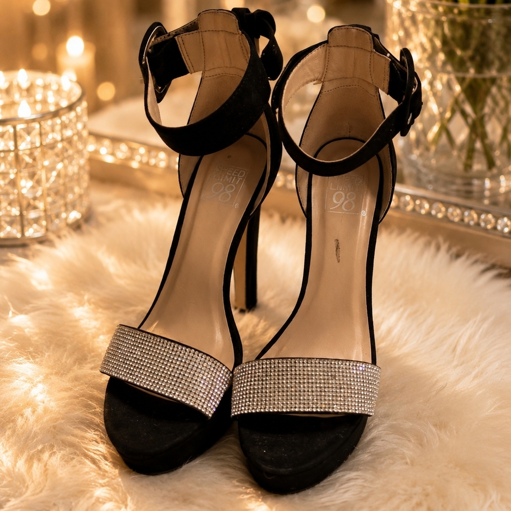 Black Rhinestone Ankle-Strap High Heel Sandals
